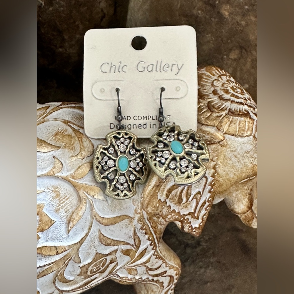 Two Tone Turquoise Rhinestone Dangle Earrings - Picture 2 of 6